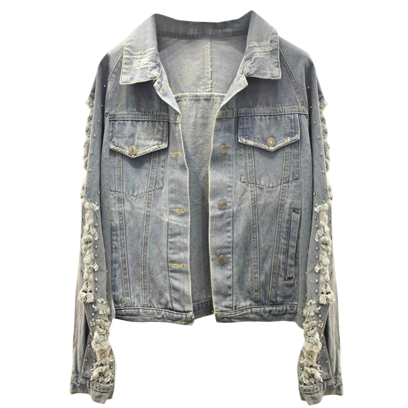

Heavy Industry Hand-Grinding Hole Sleeves Beaded Loose Denim Jacket Women Autumn Jeans Coat Outwear Students Casual Jeans Coats