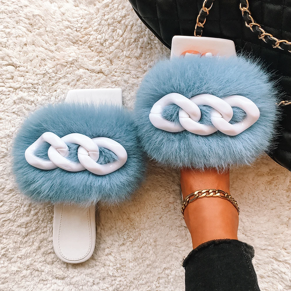 

New Fashion Fluffy Slippers Women Square Toe Flat Casual Shoes Designer Chain Faux Fur Slides Ladies Summer Sandals Flip Flops