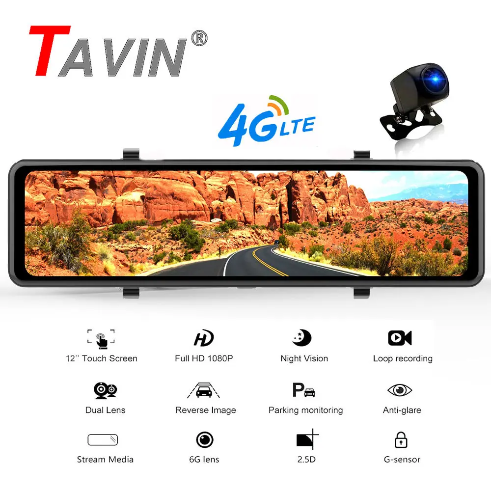 Автомобильный видеорегистратор 4G Android 8 1 Pro 12 дюймов 1080P с двумя объективами ADAS