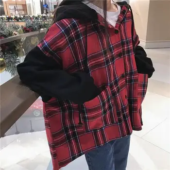 

Women Korean Style Batwing Sleeve Plaid Hooded Sweatshirts Long Casual Patchwork Thicker Students Sweatshirts