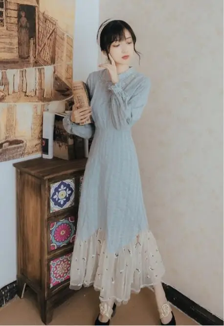 Vintage Light Blue Cheongsam Dress Autumn Long Sleeve Patchwork Mesh Maxi Dress Ropa Mujer Women Clothing Ladies Dresses