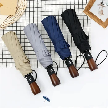 

Brand Business Full Automatic Umbrella 3 Fold Wind Proof Solid Wood Handle Men's Umbrella Portable 10K Parasol Women's Sunshade