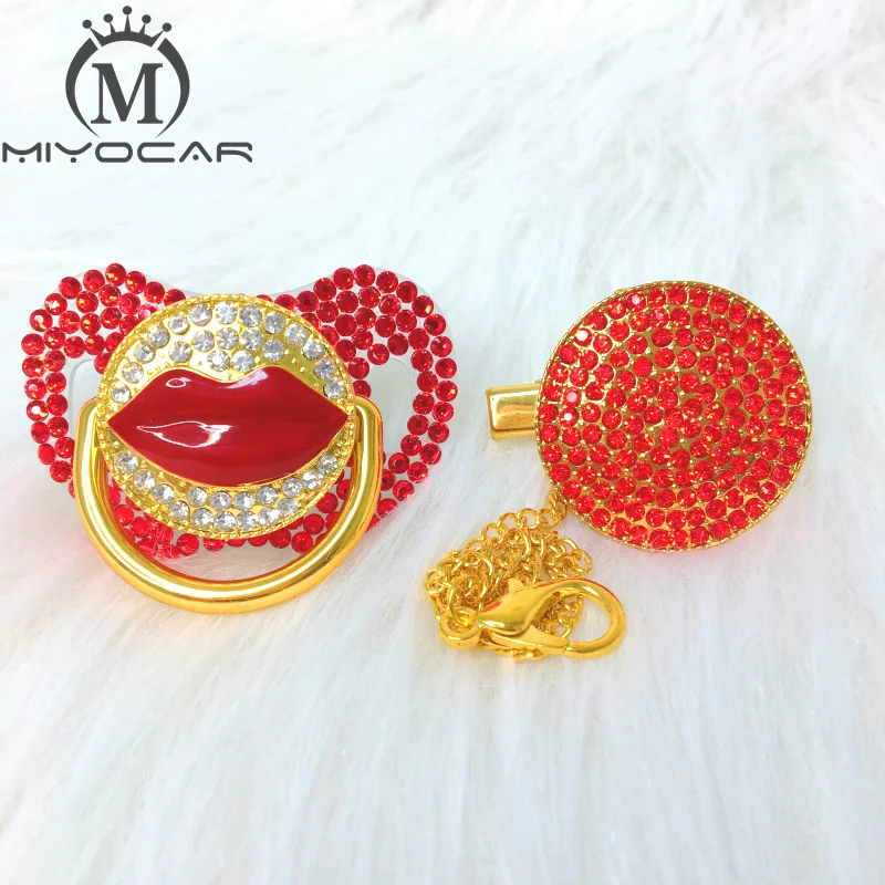 MIYOCAR Стразы с красными губами, набор пустышек и зажимов, держатель на цепочке, золотые пустышки, красные стразы ALIP-SR - Цвет: 0-6M