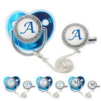 Name Initial Letters Baby Pacifier with Clips Lids Rhinestone Blue Luxury Pacifier Newborn Baby Boys Silicone Nipple Baby Shower 1