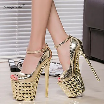 

Crossdresser Stiletto Gold Sliver Sandals 20cm Thin high heels Nightclub show platform shoes woman bride pumps Chaussures Femme