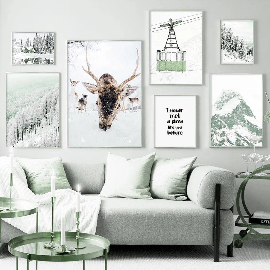 Winter Snow Scene House Deer Pine Forest Home Art Canvas Painting Nordic Posters And Prints Wall Pictures For Living Room Decor | Дом и сад