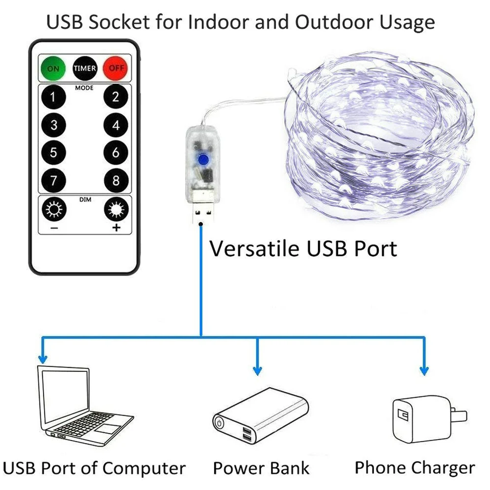원격 제어 USB LED 요정 조명, 화환 실버 와이어 스트링 조명, 크리스마스 거리 램프, 야외 결혼식 DIY 장식, 13 키