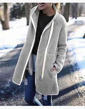 

Women's Autumn And Winter Plush Fashion Coat Stand Collar Zipper Button Warm Coat Outerwear