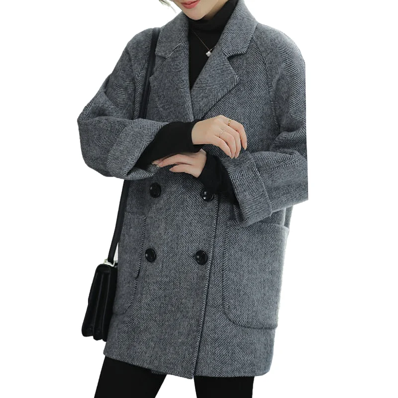 Double-Sided Woolen Coat for Women, Mid-length, Herringbone Tweed Coat, OL Double-Breasted Loose Suit, Raglan Sleeves