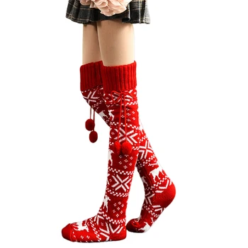 

2020 New Women Knitted Socks Over-knee Christmas Pile Pile with Fur Ball Decoration Keep Warm Winter Clothing Accessories