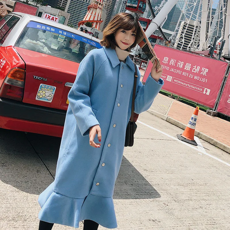 

Photo Shoot Mid-length Fishtail Woolen Jacket Women's 2019 Autumn & Winter Korean-style Loose-Fit Single-Breasted Woolen Overcoa