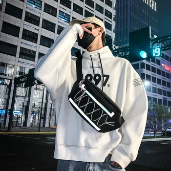 

Street Cool Chest Bag Men Fanny Pack Waist Bag Large Waist Pack Male Phone Pouch Reflective Strip Banana Hip Bag Casual Outdoor