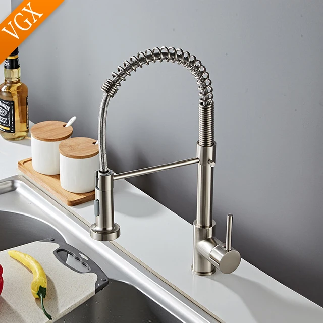 VGX Kitchen Faucet with Pull Down Sprayer Single Handle Mixer for Basin 360° Rotating Spring Style Taps Brass Chrome Gold Black 1