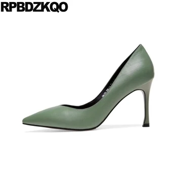 

green luxury genuine leather size 33 high heels stiletto pointed toe 4 34 thin pumps 2019 designer brand shoes women slip on