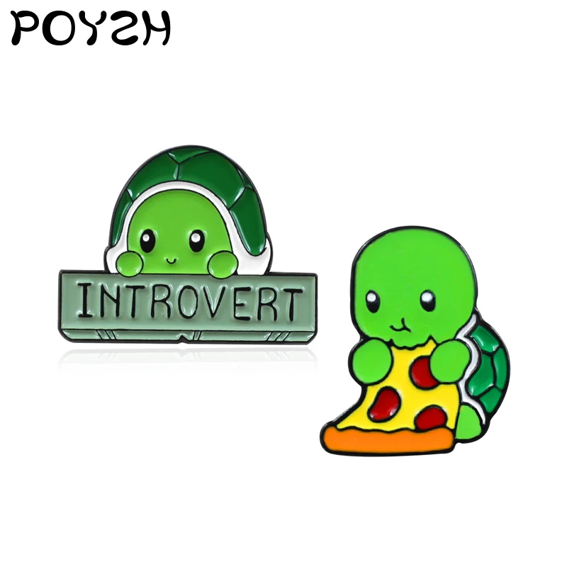 style1 Cute Green Turtle Brooches for Women Girls Introvert Turtle Eating Pizza Jewerly for Kids Bag Shirt Lapel Enamel Pins Badge