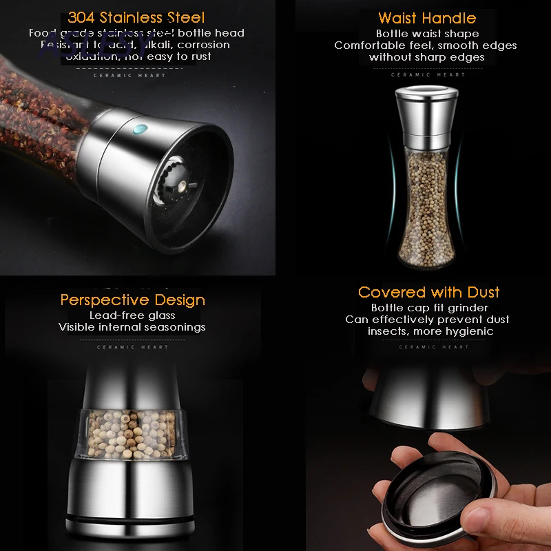 Pepper Grinder Salt Shaker Best Spice Mill with Brushed Stainless Steel Ceramic Blades Adjustable Coarseness Home Kitchen Tools