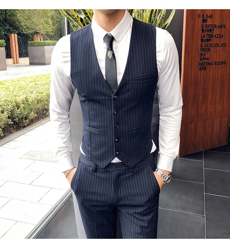 New Men's British Style Gentleman Suit Three-piece Groom With The Scorpion Host Stripe Korean Version Of The Suit