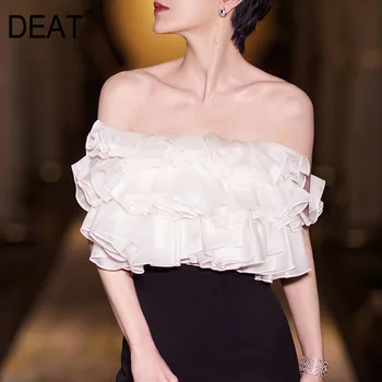 

DEAT new party wearing off the shoulder Lotus leaf edge bra top 2020 White banquet sexy vest mesh mutli-layer WL82900L