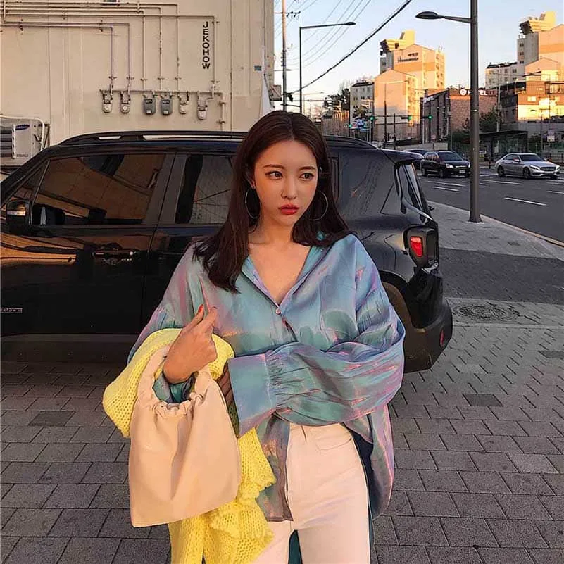 NiceMix Весна Осень Harajuku градиентная блузка женские рубашки повседневные женские шикарные рубашки женские топы и блузки Blusas Mujer De Moda