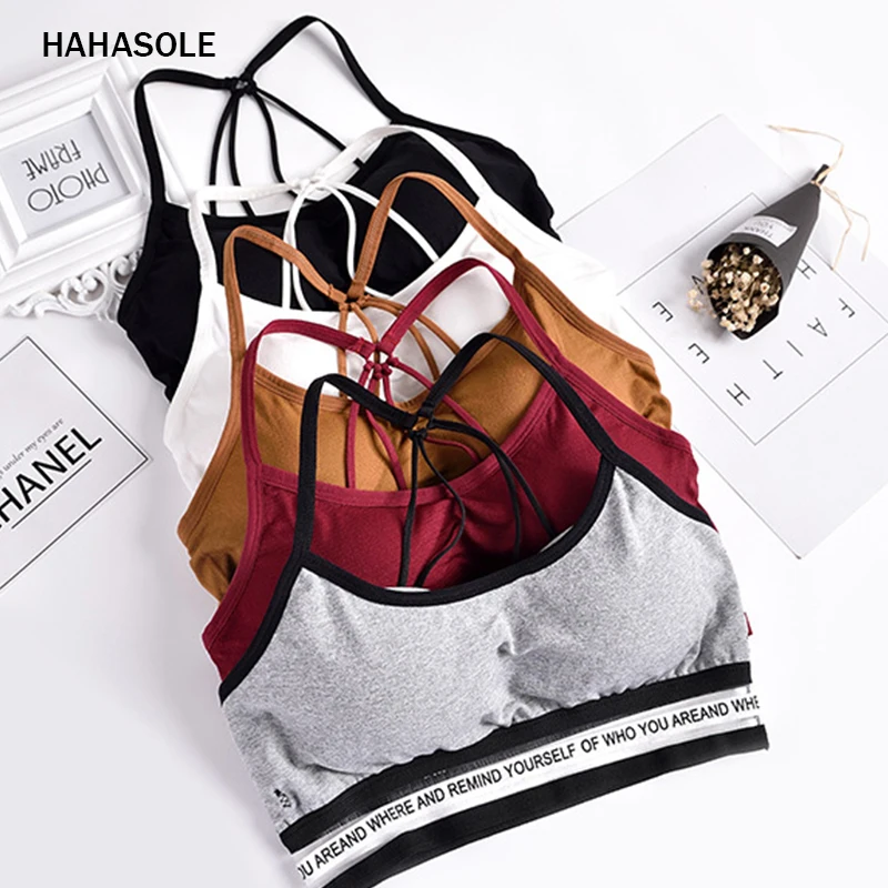 

HAHASOLE Sports Bra Women's Sleeveless Vest Stripes Without Back Bodice Breathable Strap Bra Cross Hyperelastic Bra HWA5068