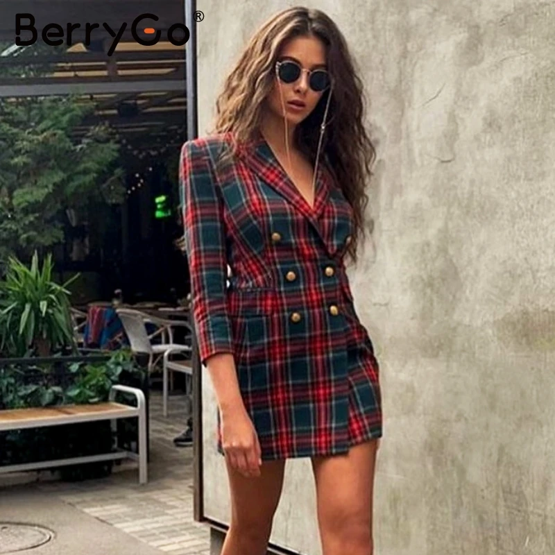 Платье BerryGo женское прямое в клетку элегантное двубортное хлопковое короткое