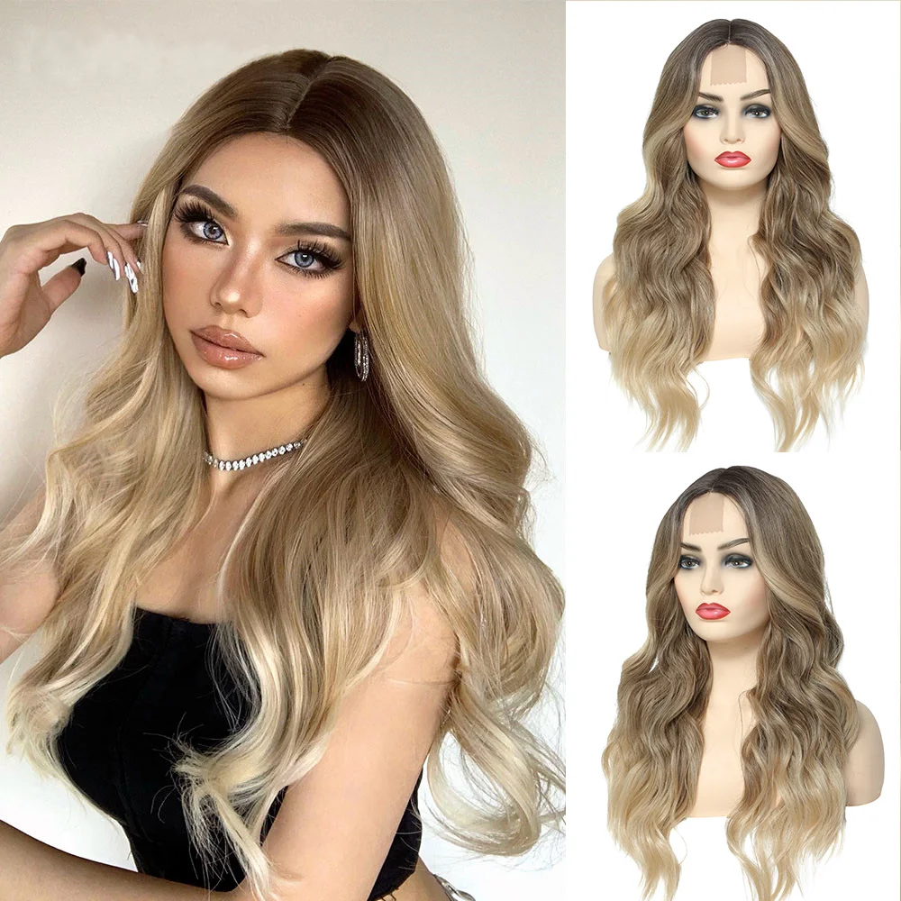 U.SHINE Ombre Brown Light Blonde Platinum Long Wavy Middle Part Hair Wig Cosplay Natural Heat Resistant Synthetic Wig for Women