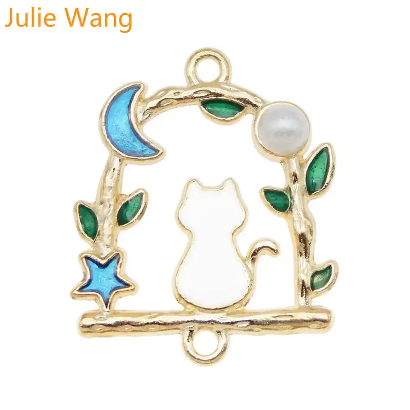 

Julie Wang 2PCS Enamel Cat Connector Gold Tone Star Moon Branch Necklace Pendant Findings DIY Jewelry Making Metal Accessory