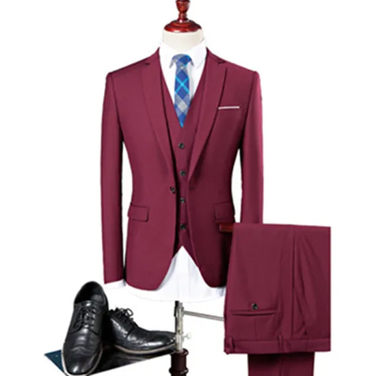 New men leisure single-breasted suits 3 pieces sets / Man's pure color business suit jacket blazers coat+ vest+pants - Цвет: 3 PCS wine red