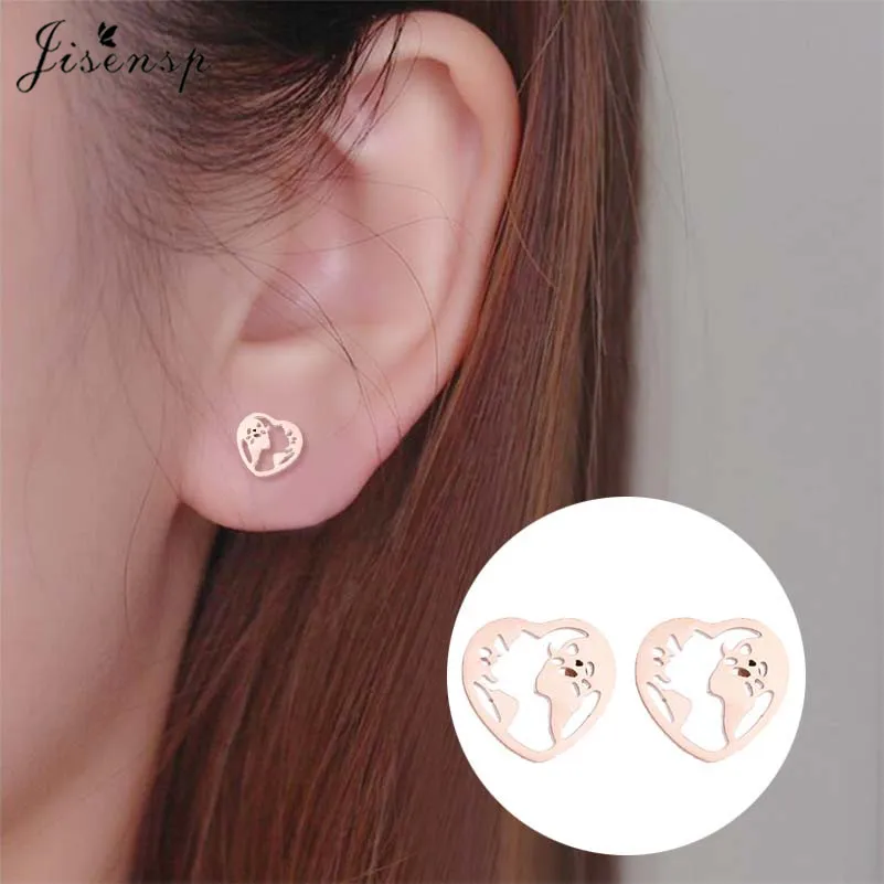 Jisensp 2019 Unique Design World Map Stainless Steel Earrings Fashion Jewelry for Women Hollow Heart Stud Earrings bijoux