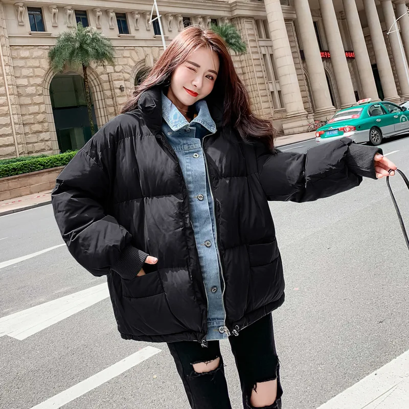 

Winter Short White Hoodless Stand Collar down Jacket Women's Loose-Fit Laziness-Style Students Green Black And White with Patter