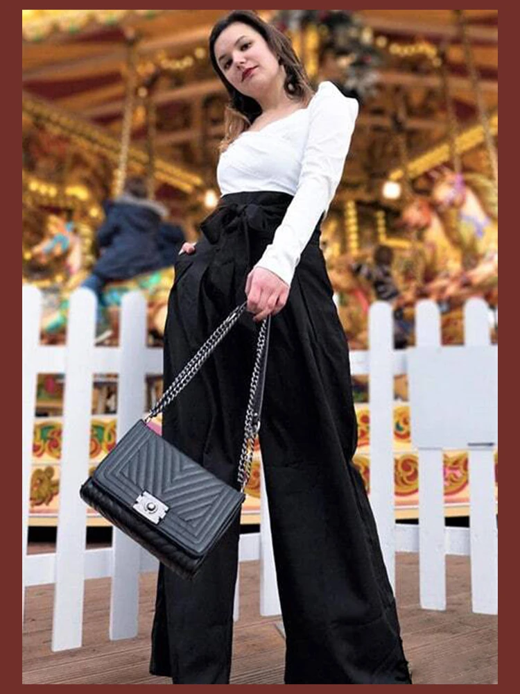 Sheinside, черные, с поясом, плиссированные, палаццо, длинные штаны, женские, свободные, элегантные, OL, рабочие брюки, для женщин, с высокой талией, широкие штаны
