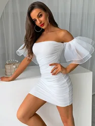 Srubí vestido de Color puro para mujer, malla plisada Sexy, manga abombada, ajustado, falda envuelta en la cadera, novedad de Otoño de 2021