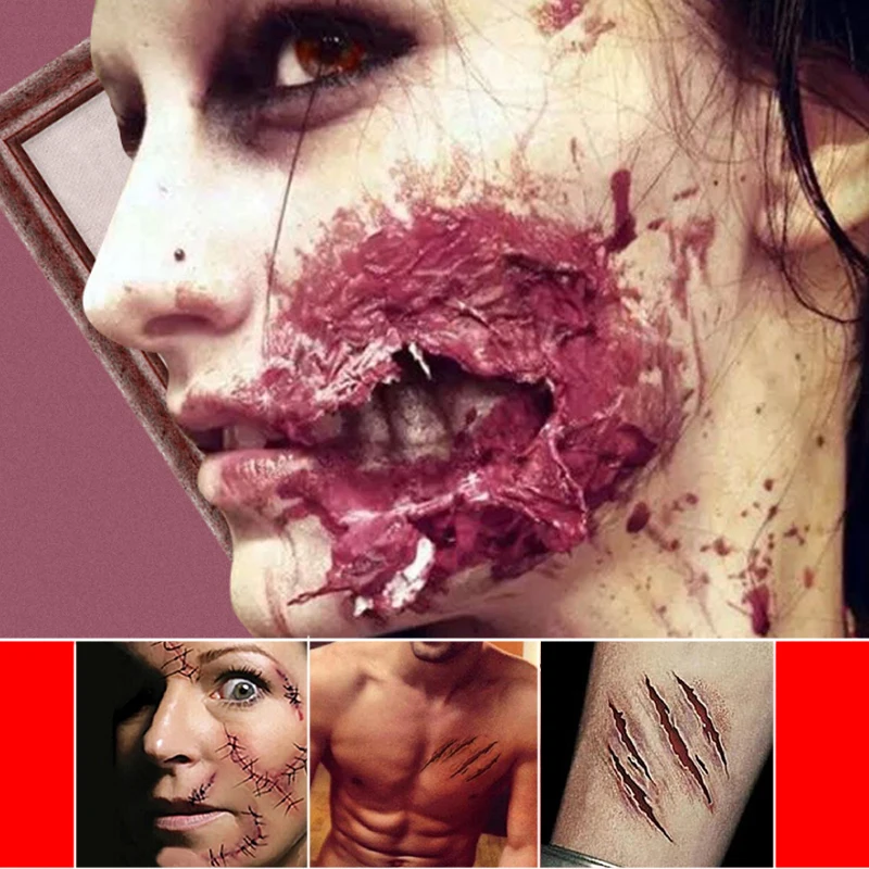 1pc Defense Tactical Tattoo Horrible Zombie Scars Tattoos Halloween Horror 3D Really Blood Injury Sticker Fake Scab Blood Makeup