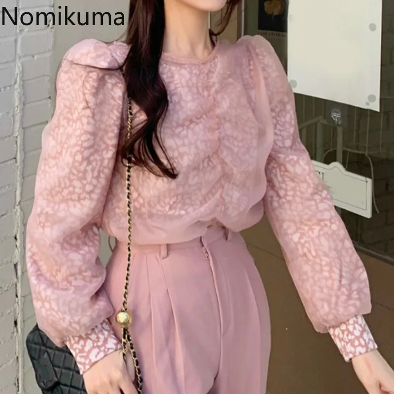 Nomikuma элегантные рубашки с буфами на рукавах для женщин круглым вырезом сеткой в