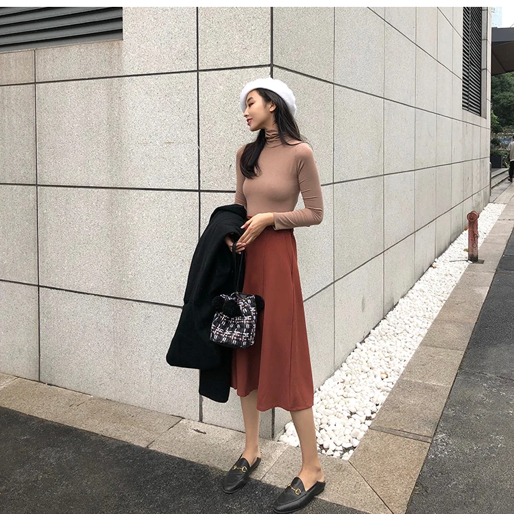 Женские однотонные футболки с высоким воротом, Harajuku, зимняя футболка, облегающая одежда, рубашки с длинным рукавом, обтягивающие хлопковые V688