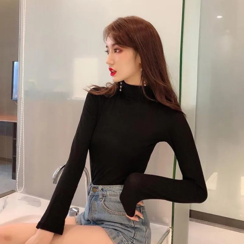 

Korean version of Harajuku long-sleeved bottoming shirt women's solid color high collar slim bottoming long-sleeved T-shirt