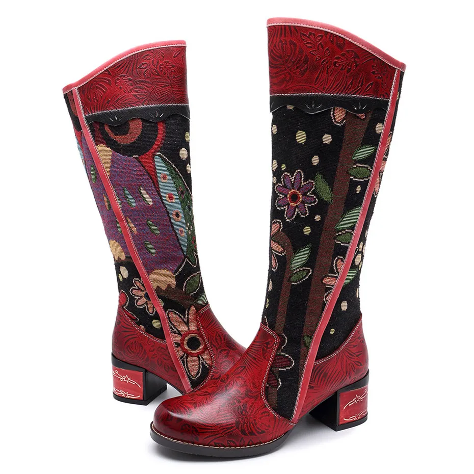 Fashion Patchwork Western Cowboy Boots Women Shoes Bohemian Genuine Leather Shoes Woman Vintage Side Zip Knee High Riding Boots (6)