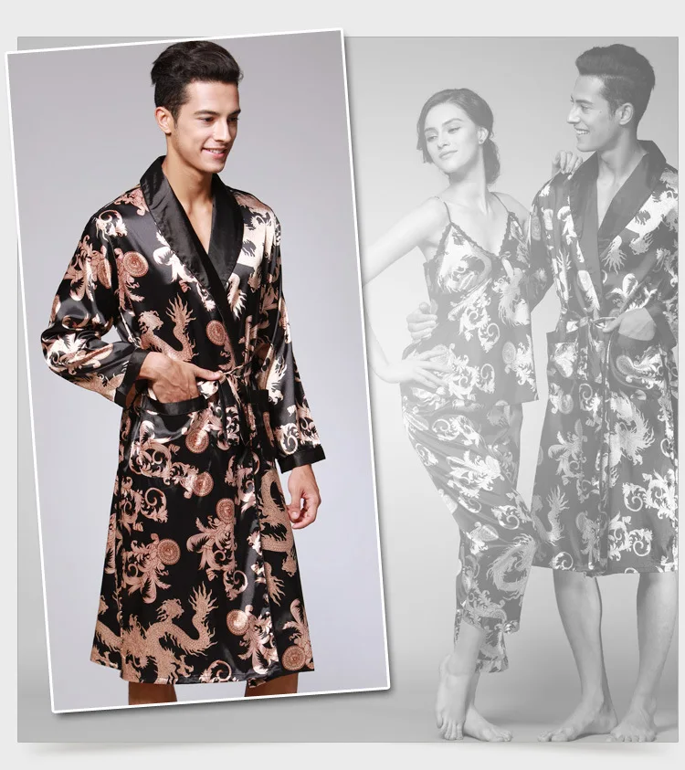 mens cotton pajama pants Ice Silk Long Sleeve Men's Pajamas Long Robes Nightgown Satin Sleepwear Loose Bathrobes Bathrobe Home Clothes 2021 silk sleepwear