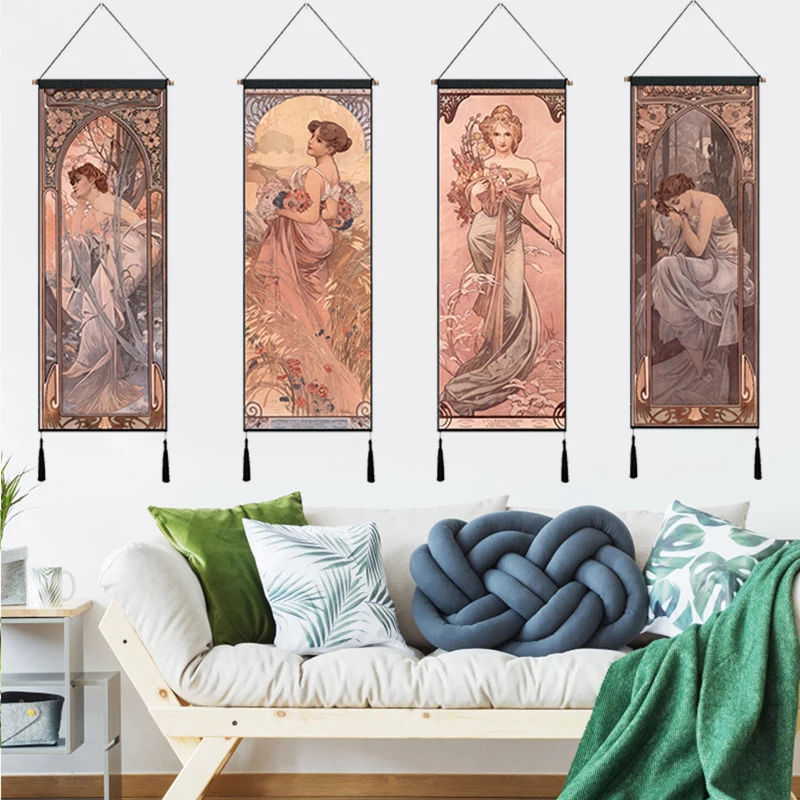 

Pink Purple Girl Goddess Alphonse Maria Mucha Hanging Cloth Cotton Line Paintings Posters Home Decor Wall Hanging Tapestry Gift