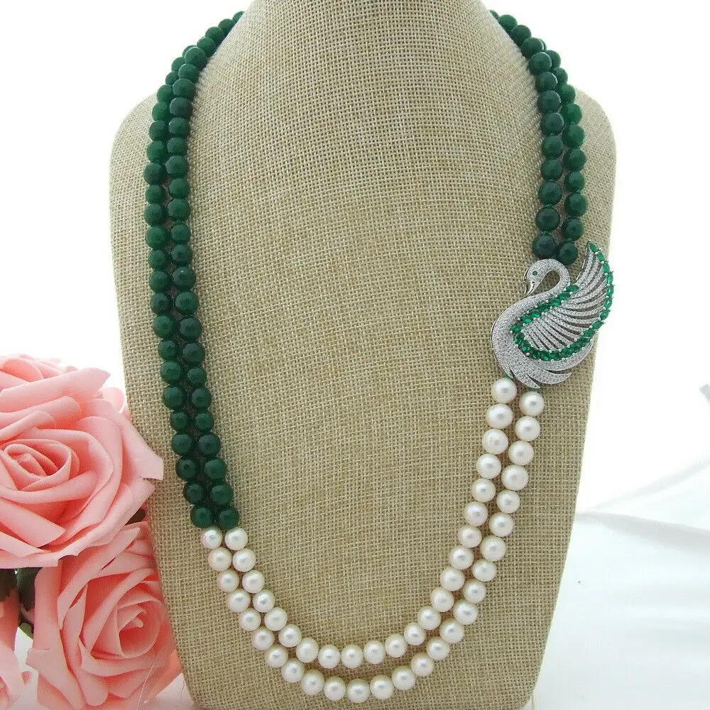 

H082406 25" 2 Strands White Pearl Green Gems Necklace CZ Connector