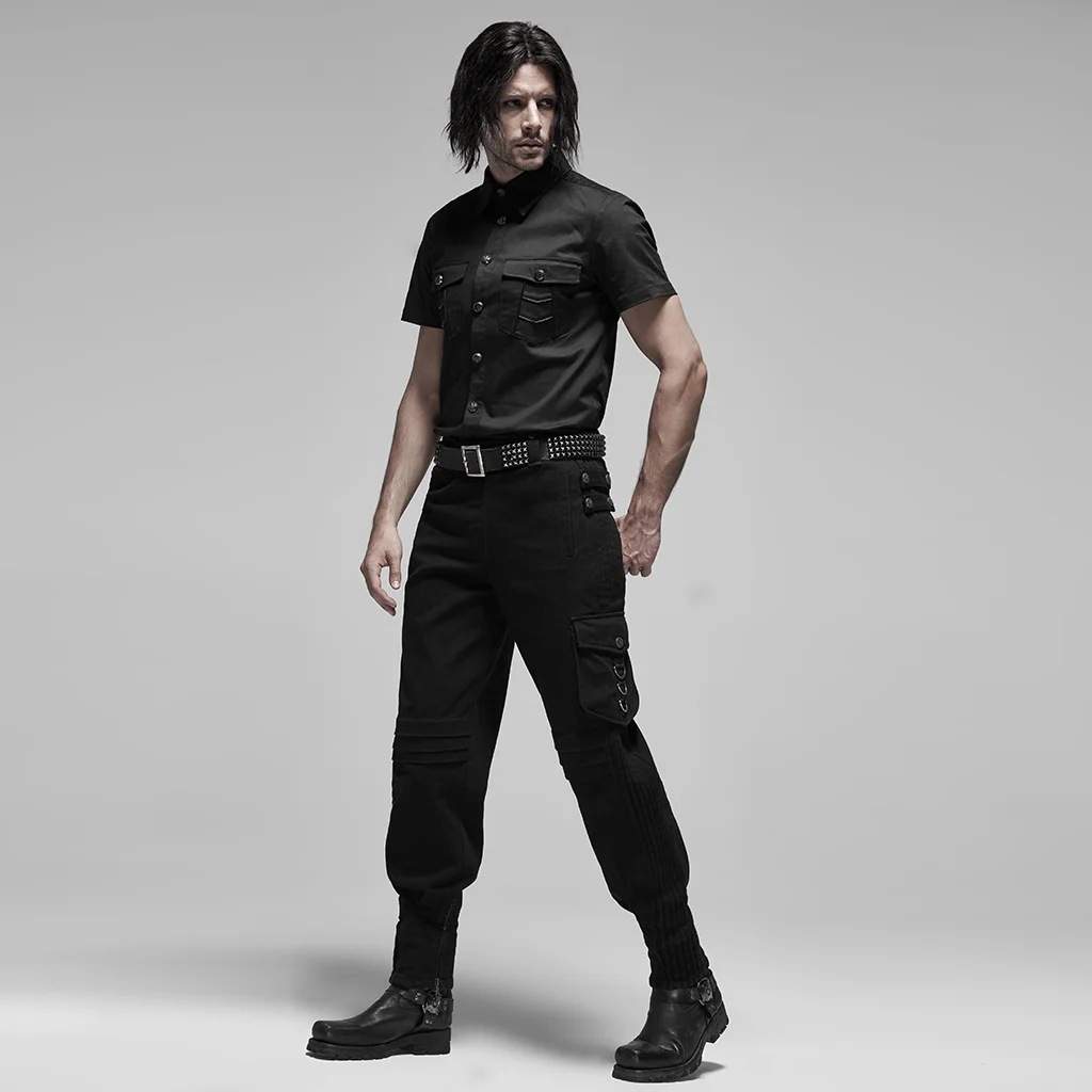 Панк рейв мужская из металла в стиле панк Кнопка рубашка Slim Fit Лето короткий рукав Повседневная Топ Блузка