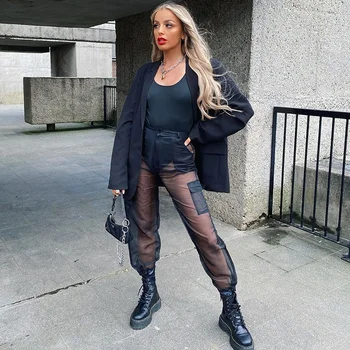 

New 2020 Womens Perspective Mesh Cargo Pants Women Sexy Club See Trough Trousers Clothes White Black Women Swimwear Beach Pants