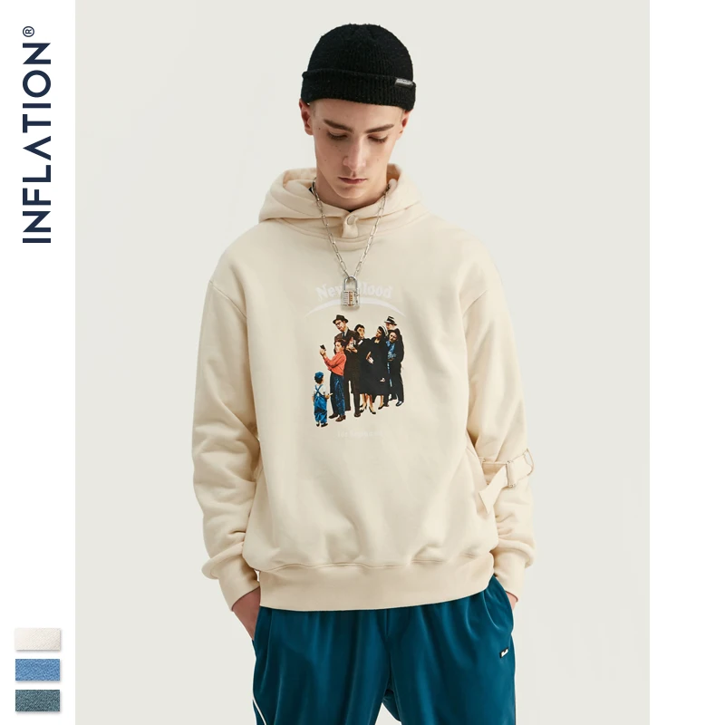 

INFLATION 2019 FW Vintage Men Hoodie In Blue With White Print Drawstring Hood Men Pullover Hoodie For Autumn Loose Fit 9616W