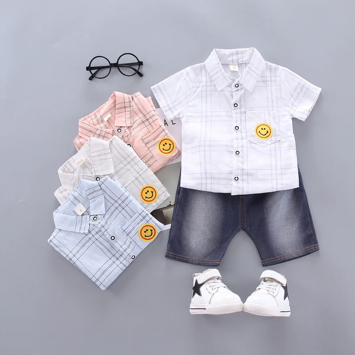 

CHILDREN'S Suit 2019 Summer New Style BOY'S Smiley Plaid Shirt Set Children Hot Selling Two-Piece Set