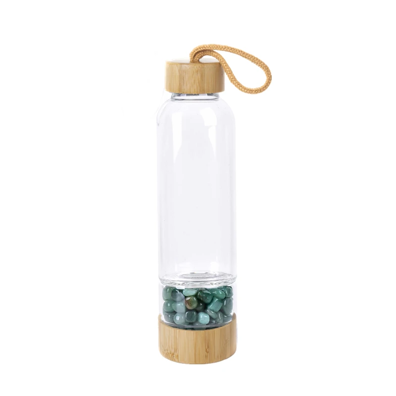Прямая кристалл натурального кварца гравий драгоценный камень целебное стекло энергия Elixir напиток бутылка воды бамбуковое стекло чашки подарок - Цвет: green aventurine