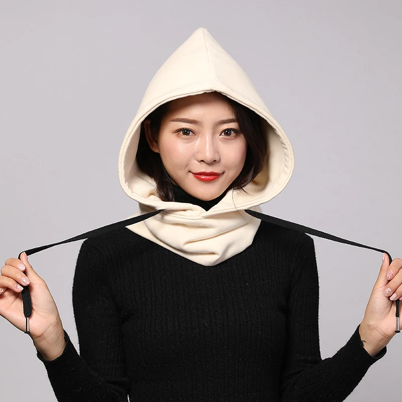 Women Winter Hooded Beanie Hat Thick Warm Cap Neck Collar Windproof Cotton Balaclava Solid Color 3