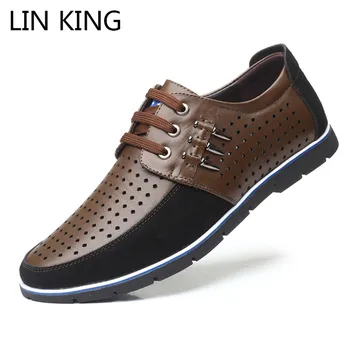 

LIN KING Men Leather Shoes Summer Casual Flats Shoes Big Size Lace Up Footwear Shoes Men's Loafers Male Business Wedding Shoes