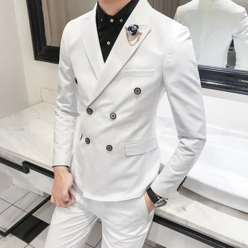 

New double-breasted suit men's suit fit Korean style hairdresser suit three-piece suit men's casual small suit