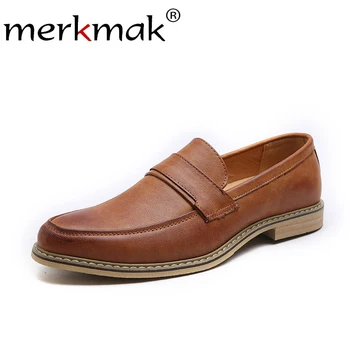 

Merkmak Retro Shallow Leather Shoes Men Loafers Formal Business Casual Autumn Solid Dress Shoes For Man Slip On Comfortable Flat
