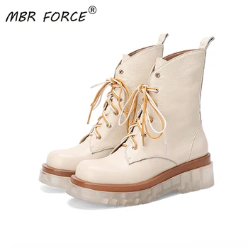 

MBR FORCE Ankle boots Fashion Trend Real Cowhide Round toe paltform cross-tied Shoes Thick bottom Women party cool casual boots